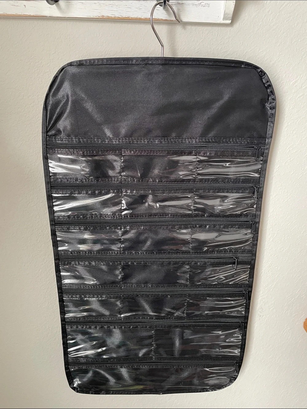 Hanging Black Jewelry & Accessory Organizer with Clear Pockets